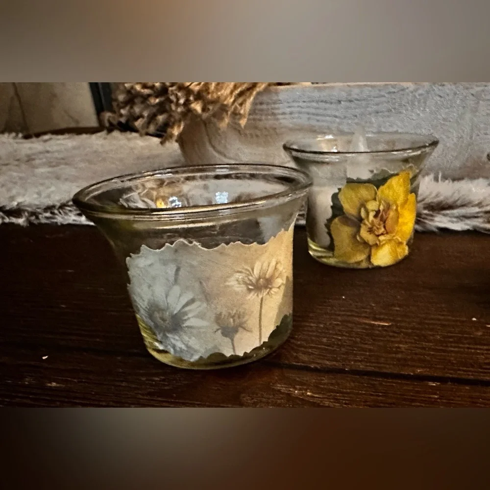 Hand Crafted Yellow and Cream Floral Glass Candle Holders